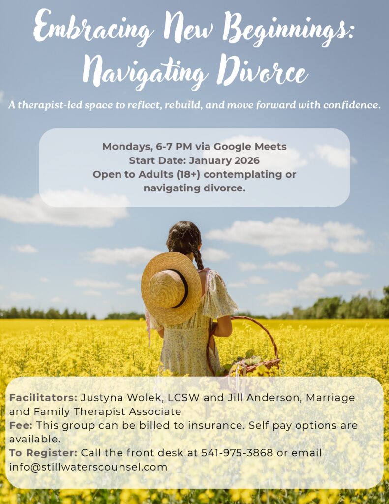 A woman in a hat and yellow dress holds a wicker bag in a field of tall grass and wildflowers. Overlaid text advertises a therapist-led online divorce support group starting January 2026.