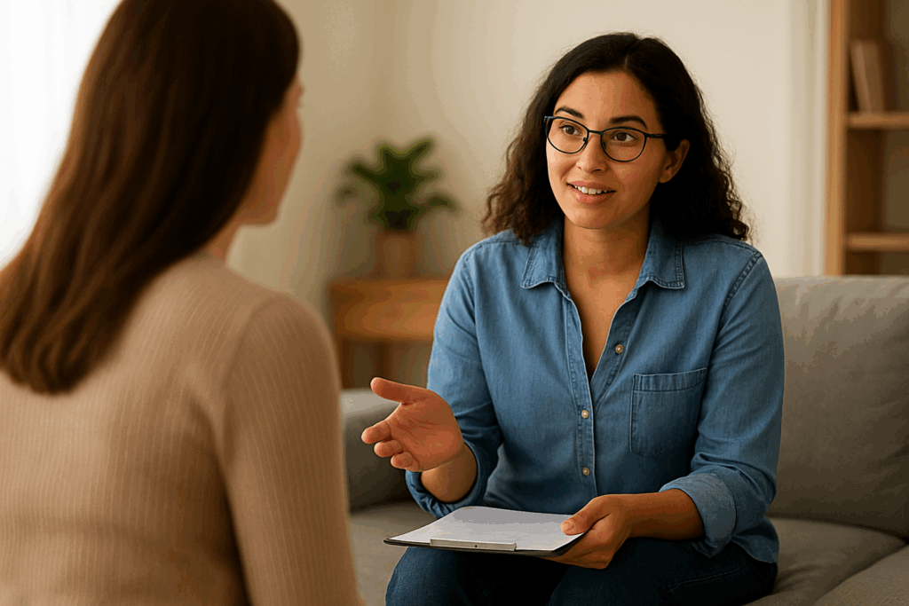 Two women sit on a couch having a conversation. One woman, holding a clipboard and pen, listens attentively and gestures while speaking. The setting appears to be a cozy, well-lit room with a plant in the background.