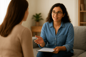 Two women sit on a couch having a conversation. One woman, holding a clipboard and pen, listens attentively and gestures while speaking. The setting appears to be a cozy, well-lit room with a plant in the background.
