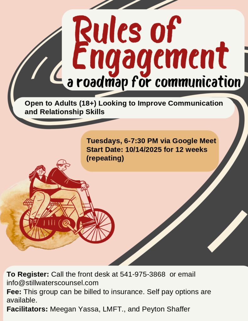 Flyer titled Rules of Engagement: a roadmap for communication, advertising a 12-week online group for adults to improve communication and relationship skills, featuring a drawing of two people riding a tandem bike on a road.